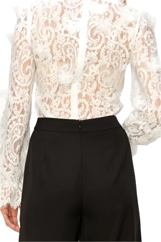 Long Sleeve Mock Neck Butterfly Lace Blouse