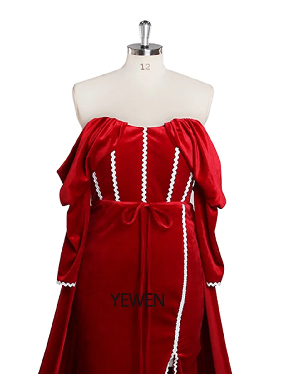 Long Sleeve Off Shoulder Red Velvet Mermaid Prom Dress Side Slit Photo Shoot Dress YW230747