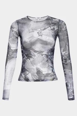 Long Sleeve Tee in Newspaper Trompe L'Oeil