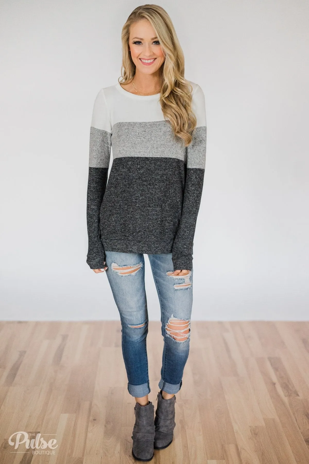Lookin' Cute In A Color Block Top- Grey & Ivory