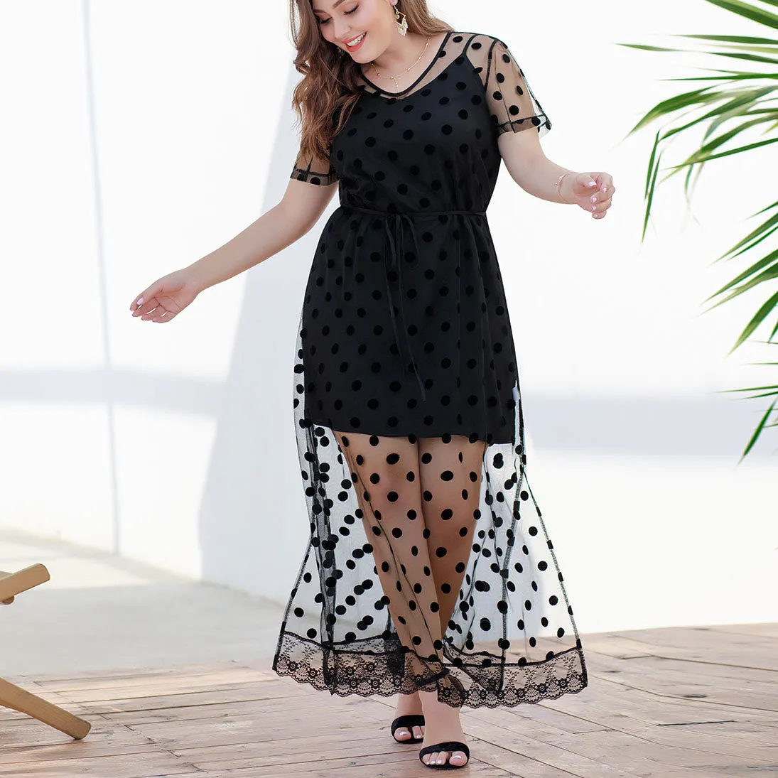 Loose Large Size Women's Sling Short Skirt Polka Dot Mesh Short Sleeves Waist Split Long Skirt Two-piece