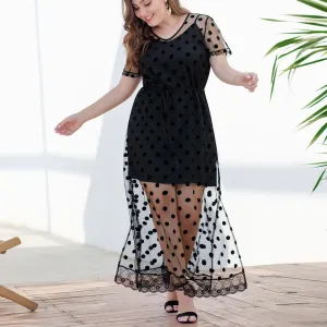 Loose Large Size Women's Sling Short Skirt Polka Dot Mesh Short Sleeves Waist Split Long Skirt Two-piece