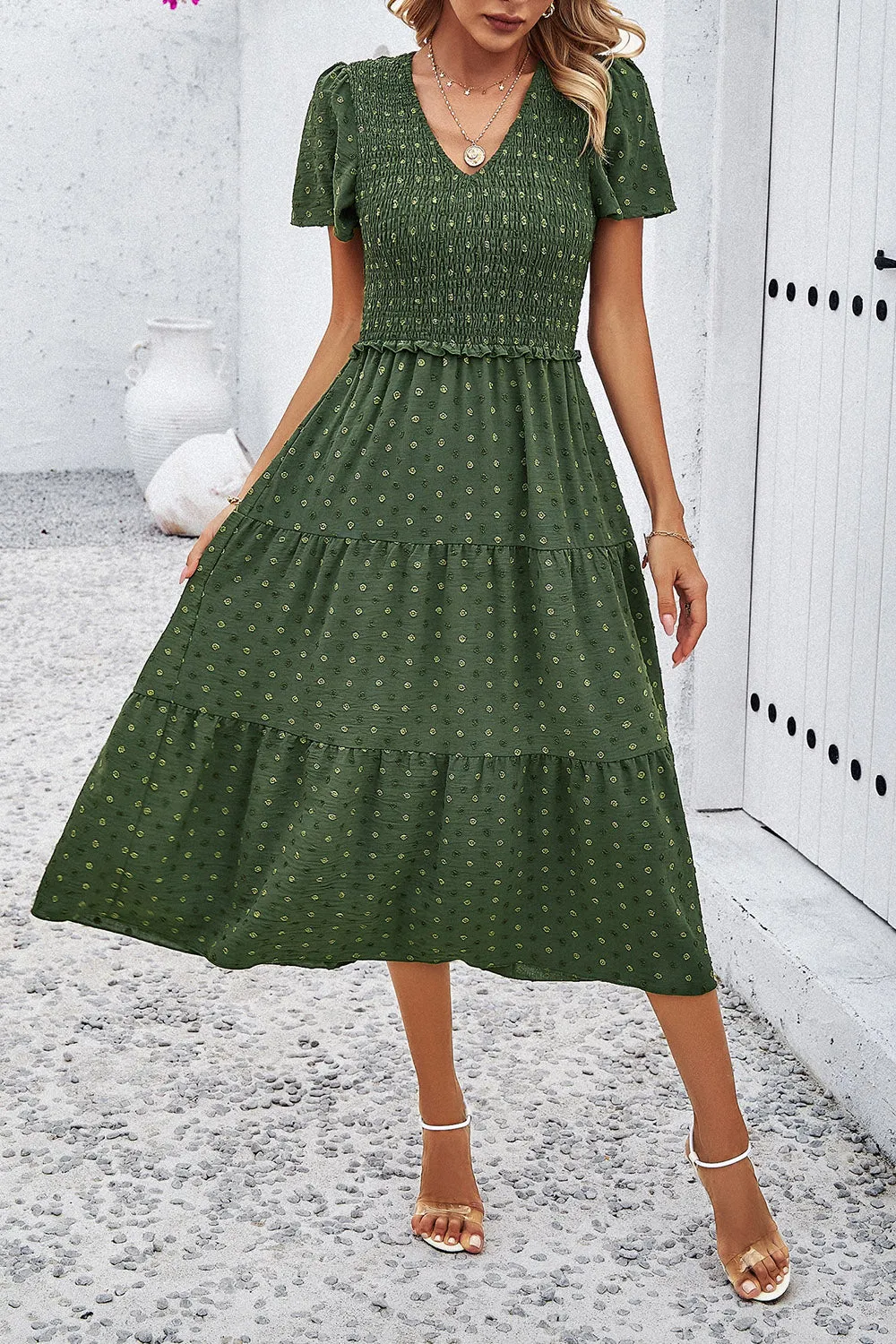 Lori Swiss Dot Short Sleeve Smocked Dress