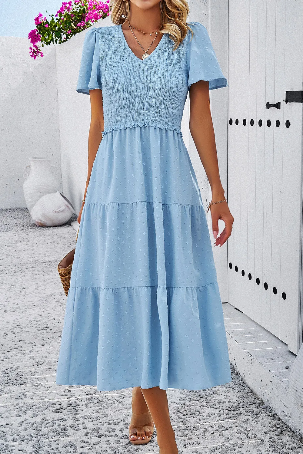 Lori Swiss Dot Short Sleeve Smocked Dress
