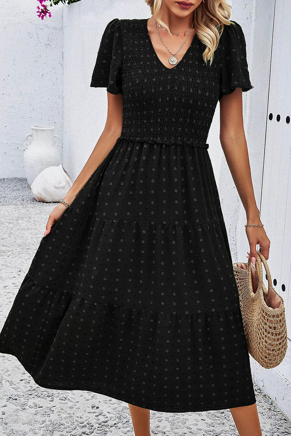 Lori Swiss Dot Short Sleeve Smocked Dress