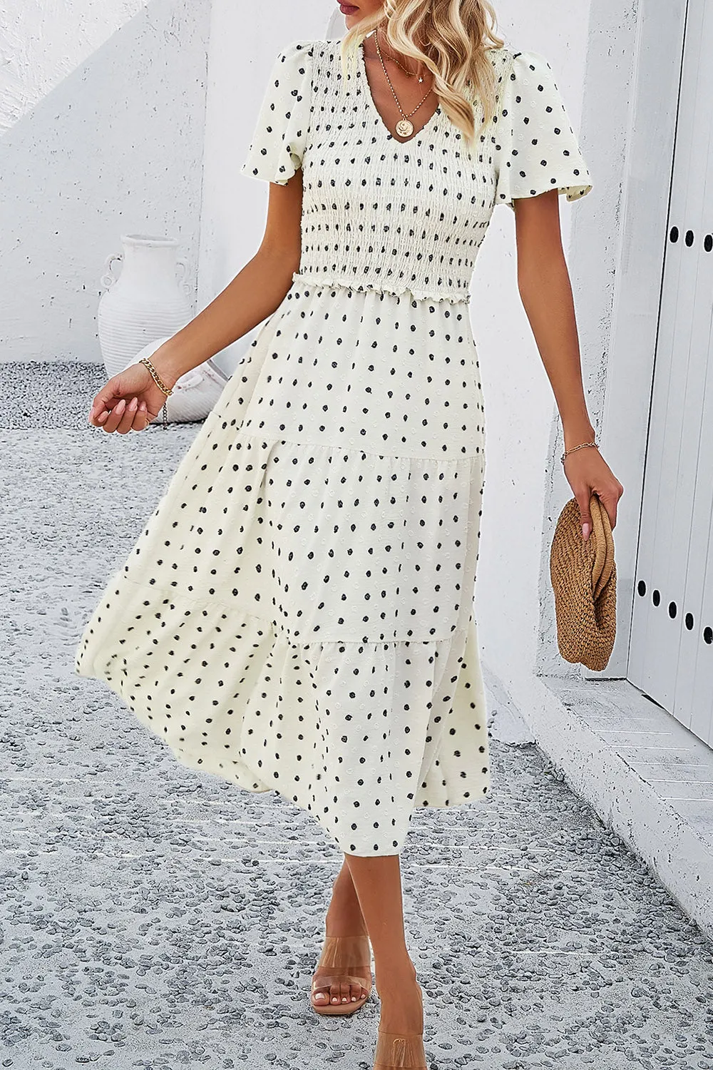Lori Swiss Dot Short Sleeve Smocked Dress