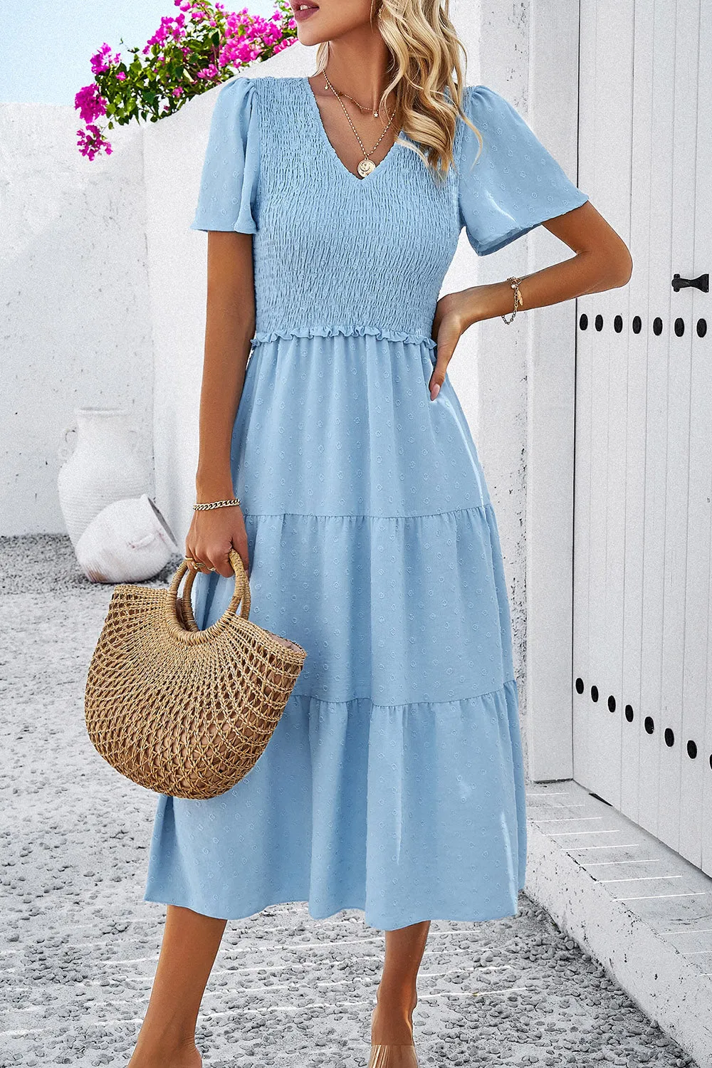 Lori Swiss Dot Short Sleeve Smocked Dress