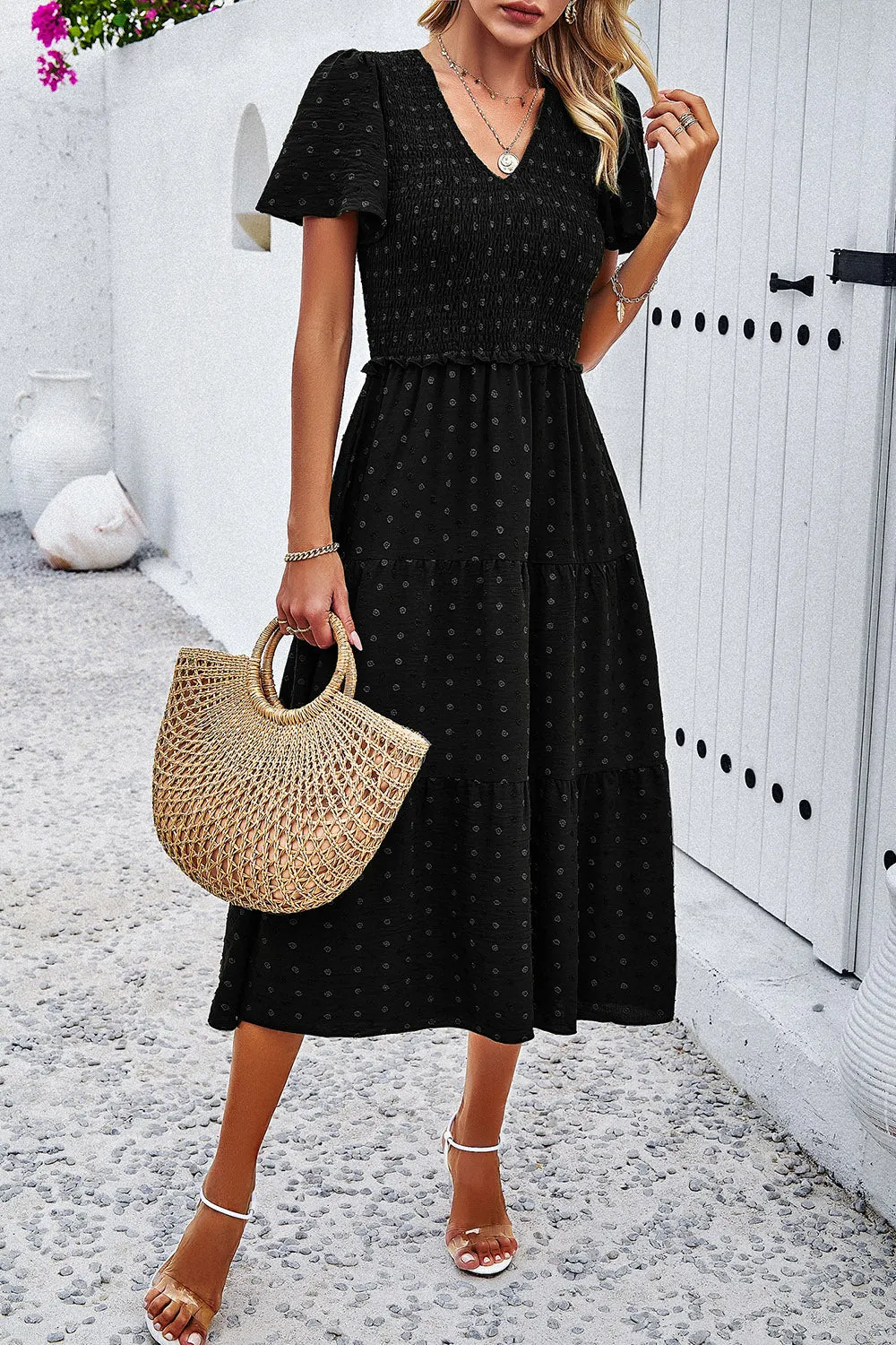 Lori Swiss Dot Short Sleeve Smocked Dress