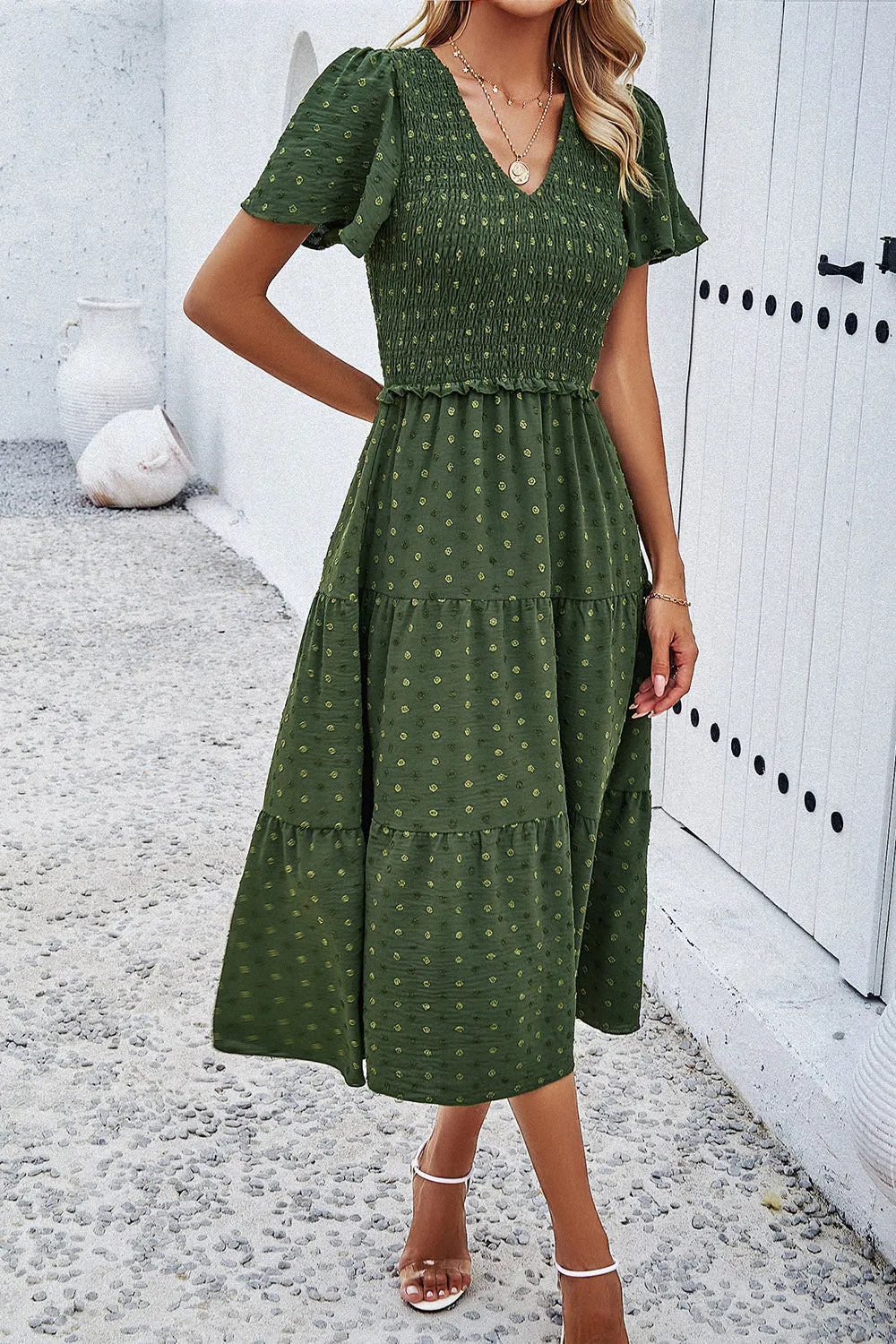 Lori Swiss Dot Short Sleeve Smocked Dress