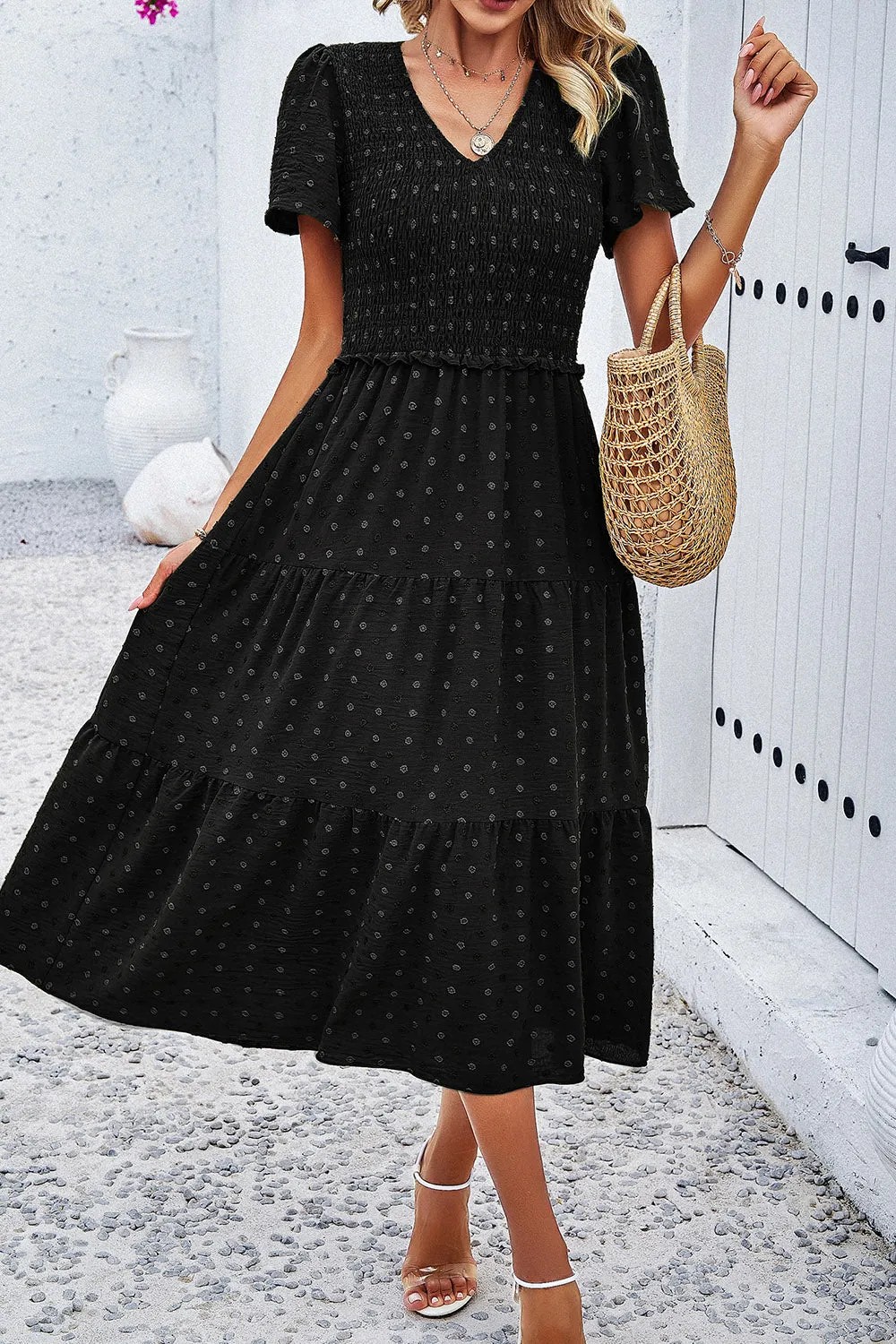 Lori Swiss Dot Short Sleeve Smocked Dress