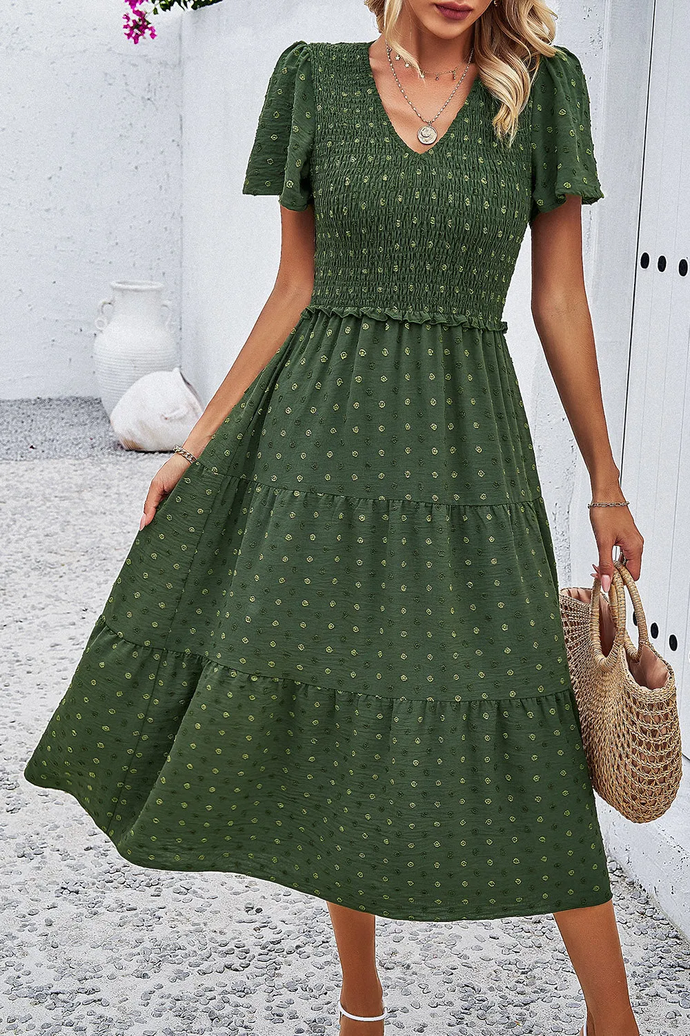 Lori Swiss Dot Short Sleeve Smocked Dress