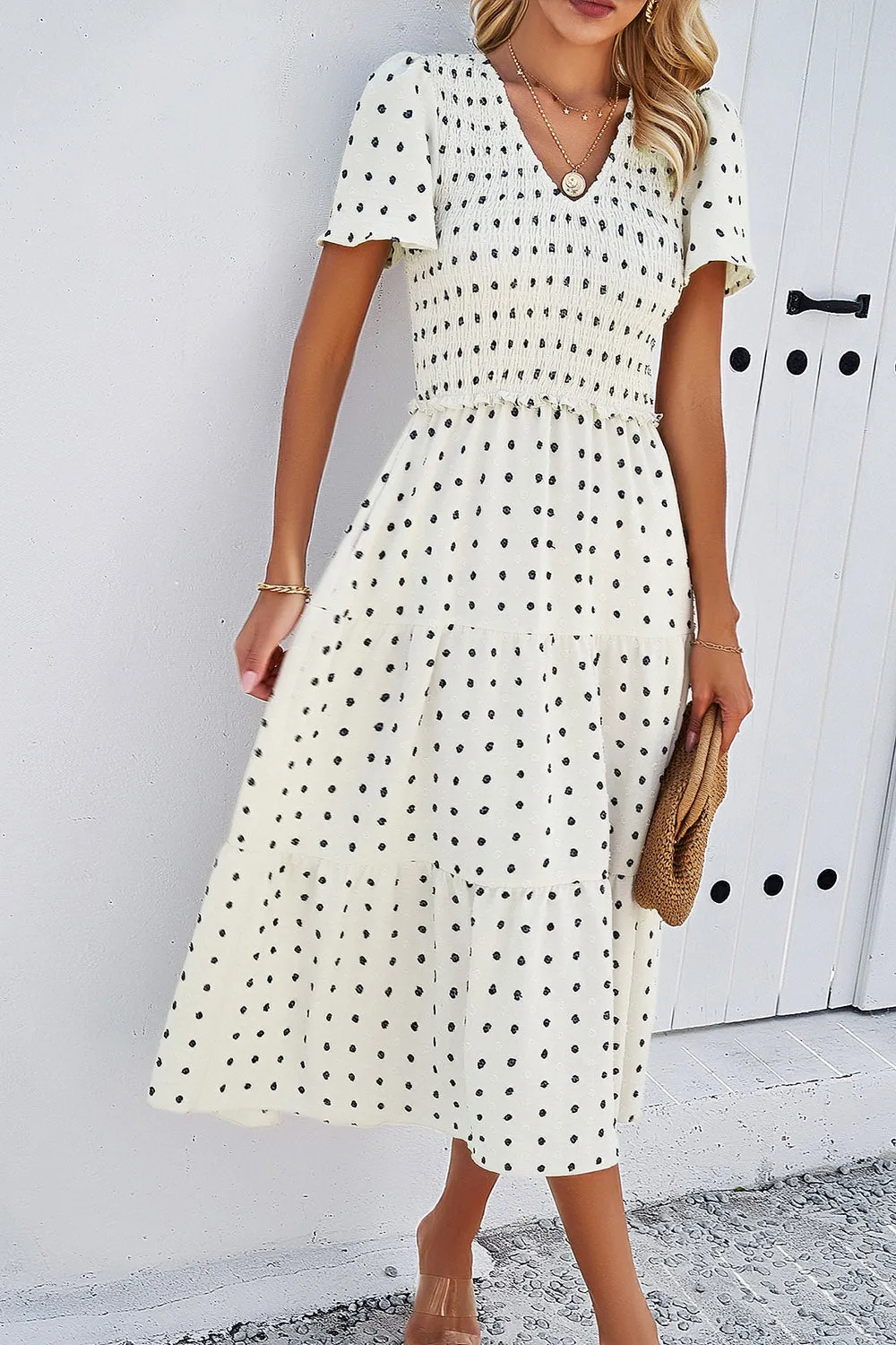 Lori Swiss Dot Short Sleeve Smocked Dress