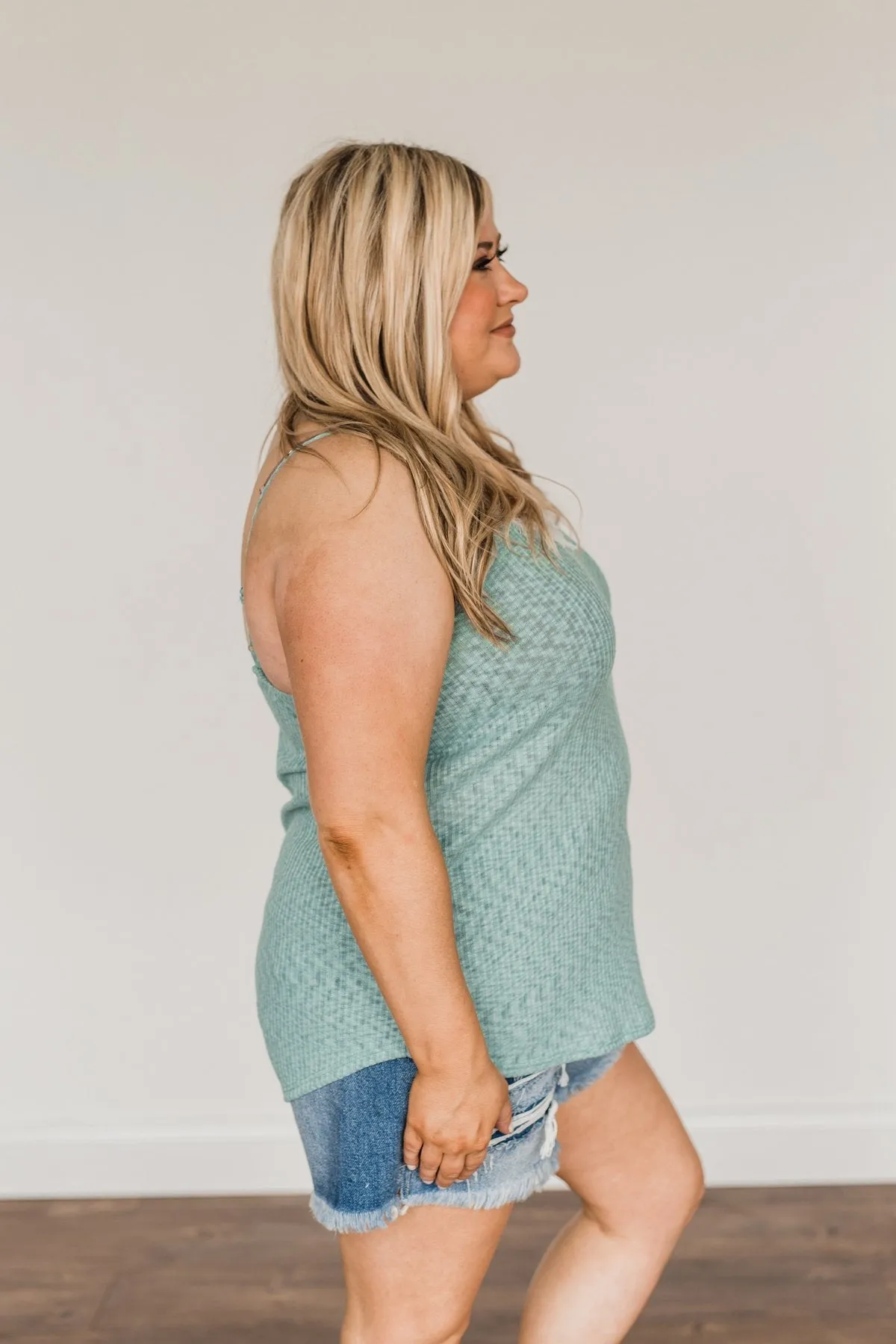 Make Life Beautiful Lace Knit Tank Top- Dusty Teal