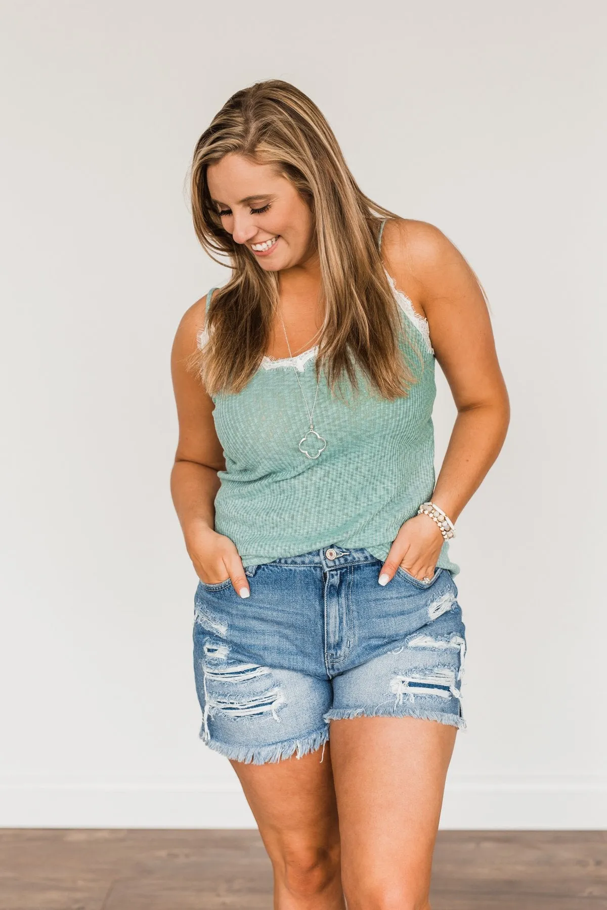 Make Life Beautiful Lace Knit Tank Top- Dusty Teal