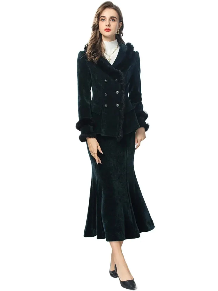 Makenzie Double Breasted Jacket    Mermaid Skirt Office Lady 2-Piece Velvet Set