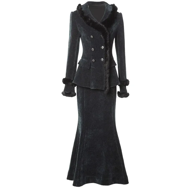 Makenzie Double Breasted Jacket    Mermaid Skirt Office Lady 2-Piece Velvet Set