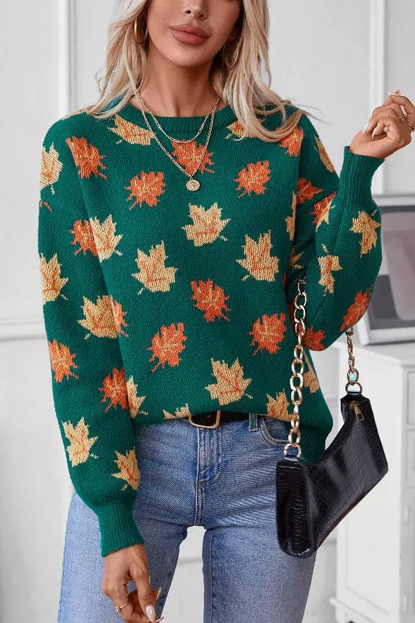 Maple Leaf Pattern Jacquard Casual Pullover Sweater for Women