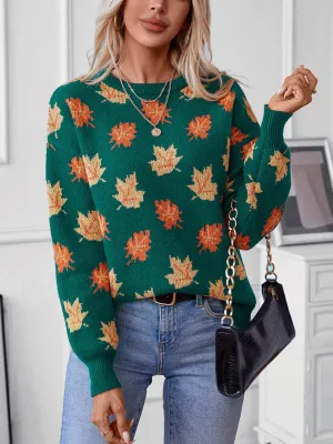 Maple Leaf Pattern Jacquard Casual Pullover Sweater for Women