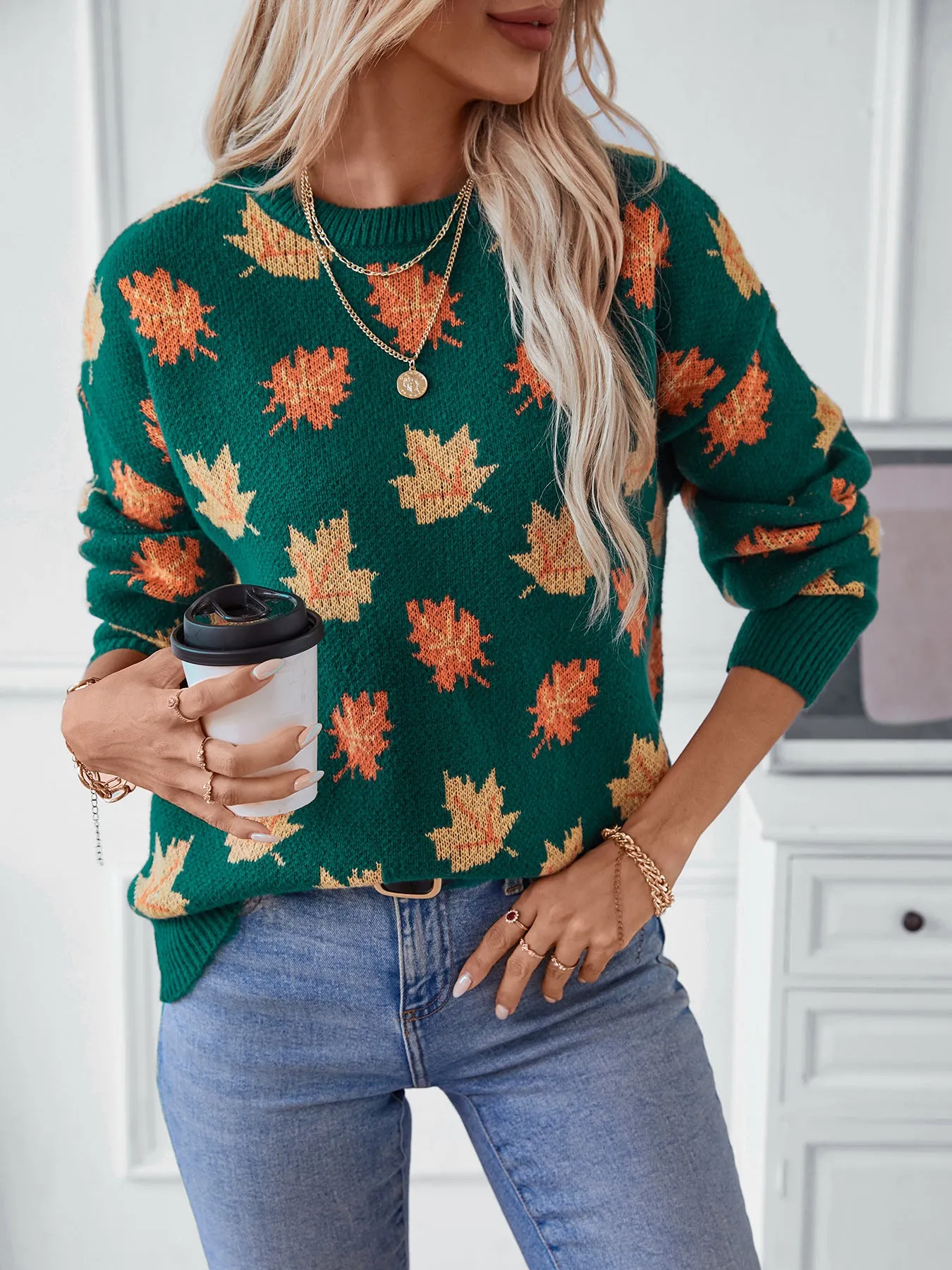 Maple Leaf Pattern Jacquard Casual Pullover Sweater for Women