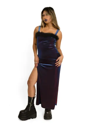 Marabou trim iridescent velvet gown