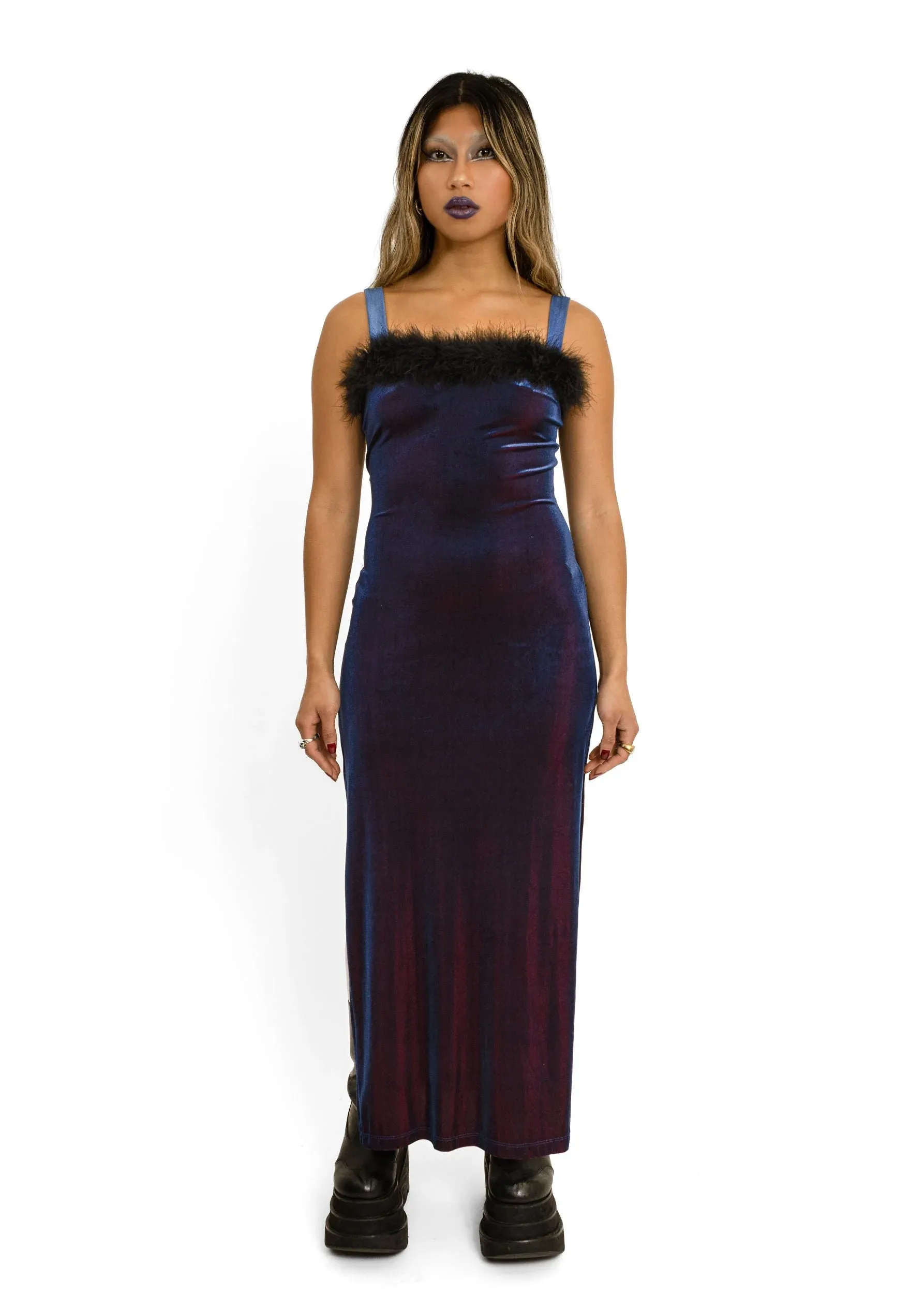 Marabou trim iridescent velvet gown