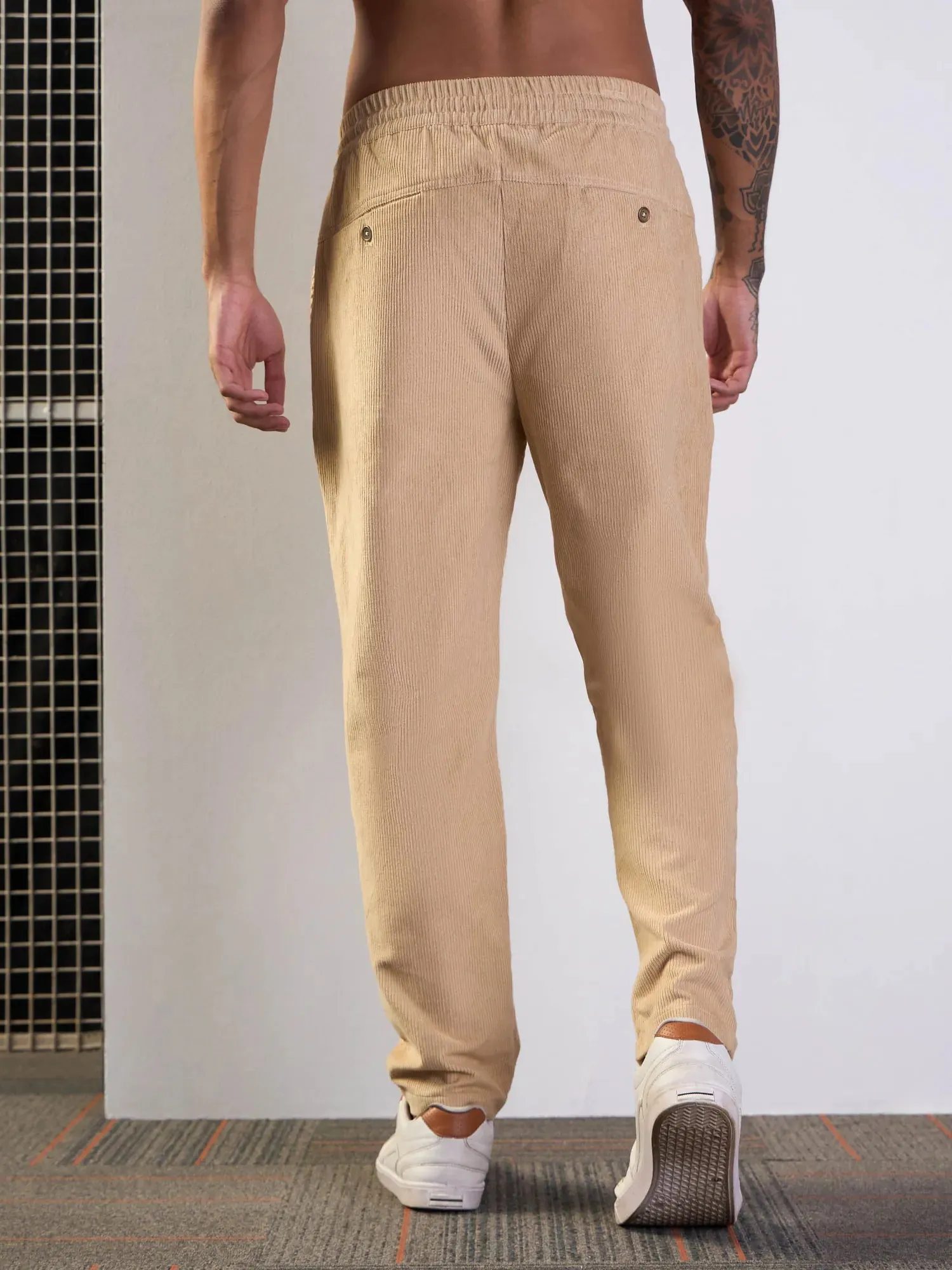 Men Beige Corduroy Elasticated Pants-MSPANT50951
