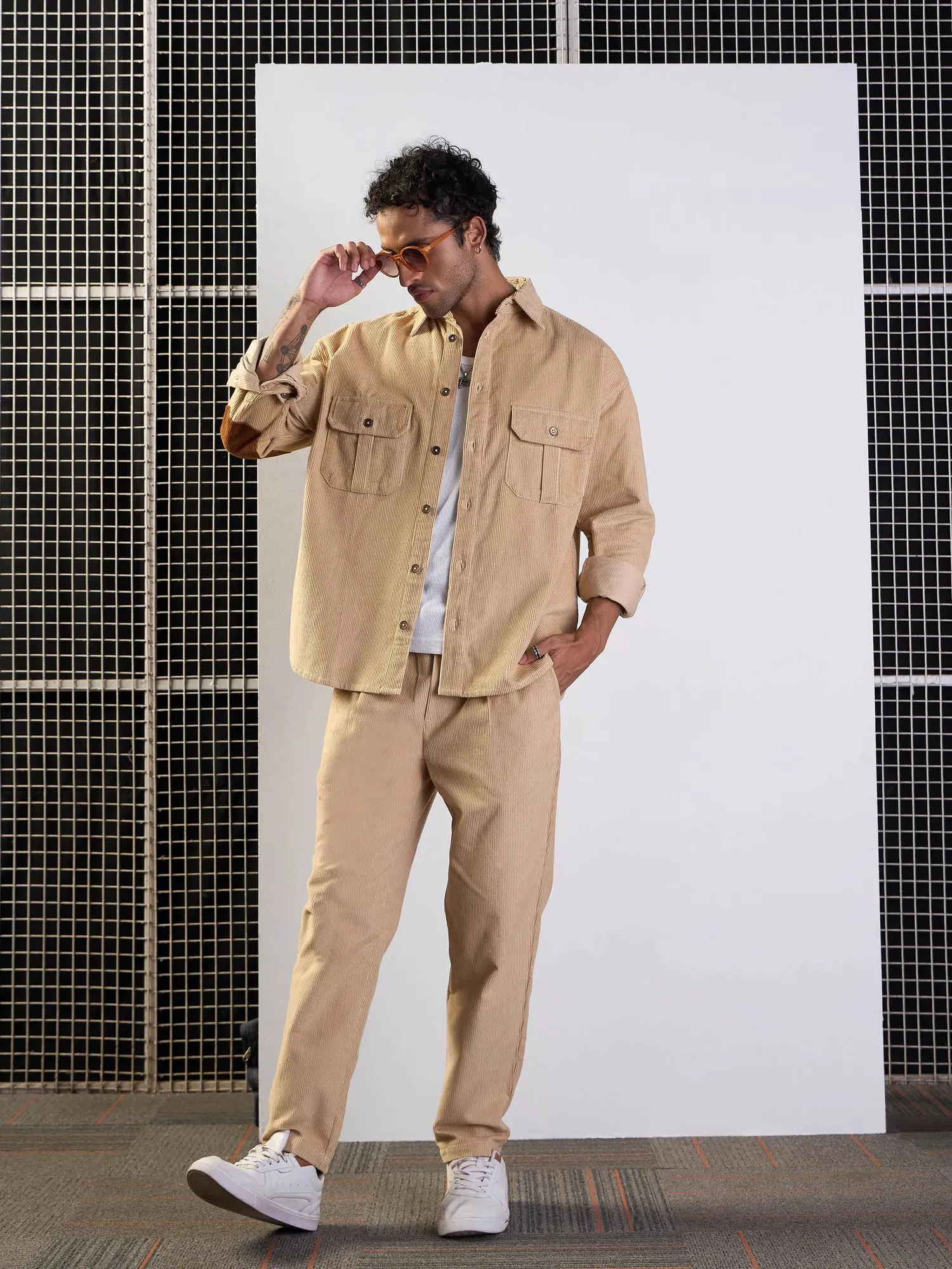 Men Beige Corduroy Elasticated Pants-MSPANT50951