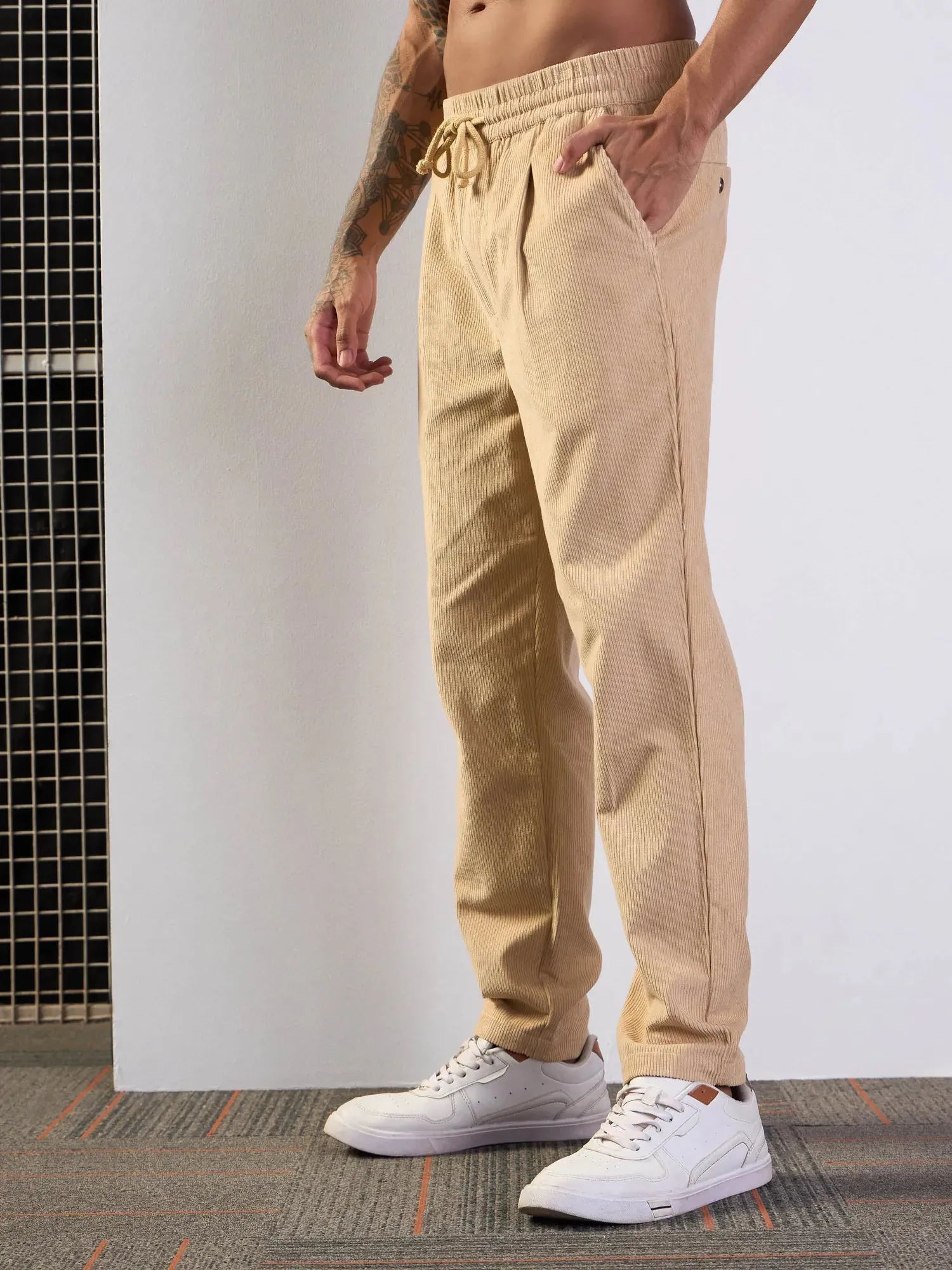 Men Beige Corduroy Elasticated Pants-MSPANT50951