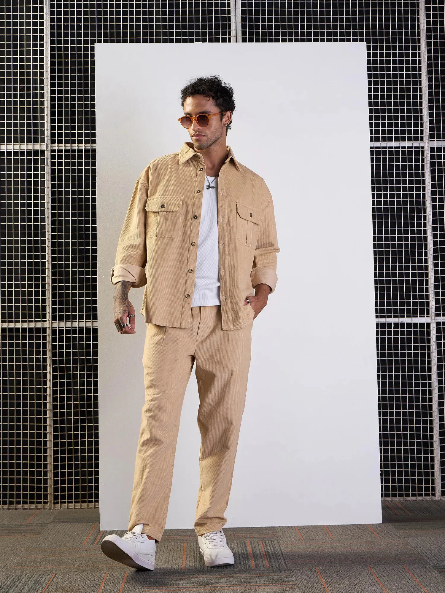 Men Beige Corduroy Elasticated Pants-MSPANT50951