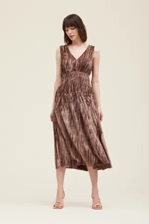 Meryl Smocked Velvet V-Neck Dress - Bark