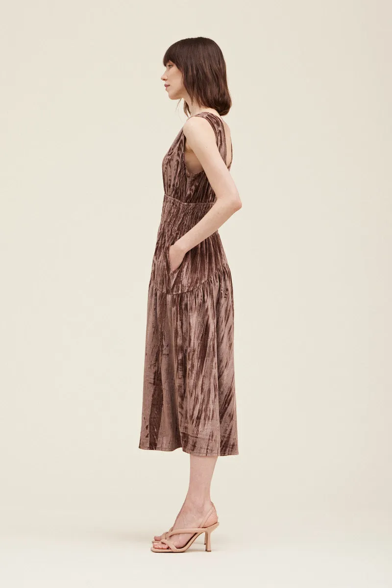 Meryl Smocked Velvet V-Neck Dress - Bark