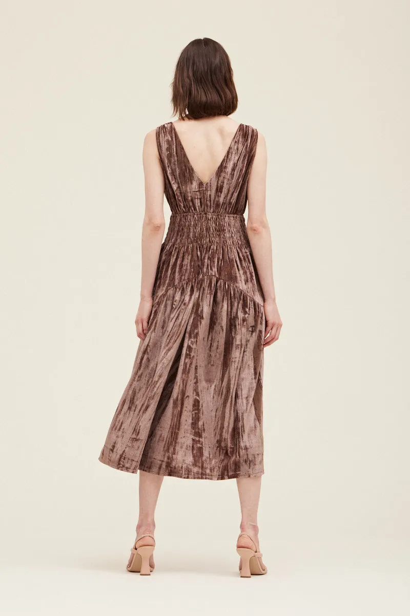 Meryl Smocked Velvet V-Neck Dress - Bark