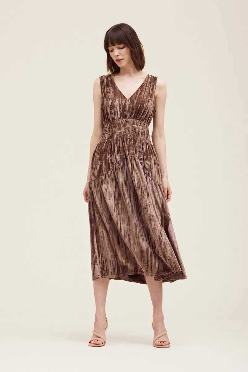 Meryl Smocked Velvet V-Neck Dress - Bark
