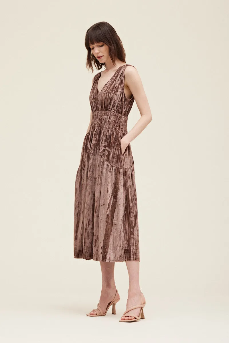Meryl Smocked Velvet V-Neck Dress - Bark