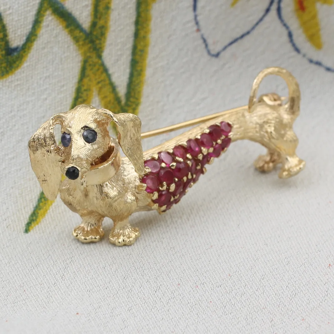 Midcentury Ruby Dachshund Brooch