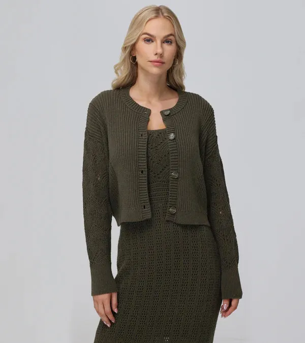 Mixed Stitch Cardigan - Military Olive
