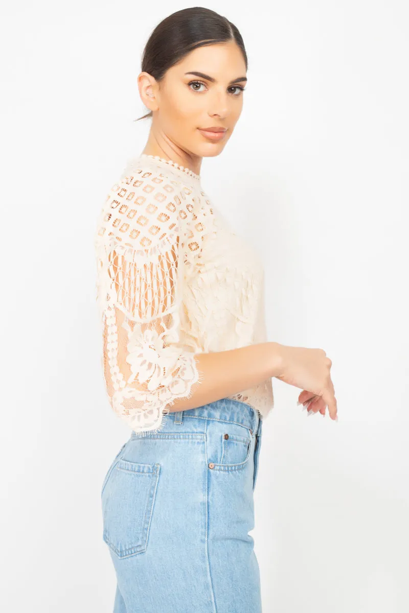 Mock 3/4 Sleeves Lace Designed Top