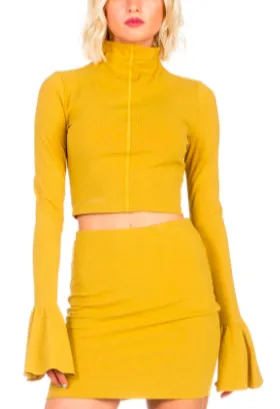Mock Neck Bell Sleeve Ribbed Crop Top