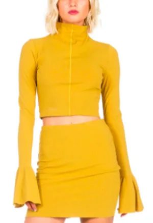 Mock Neck Bell Sleeve Ribbed Crop Top