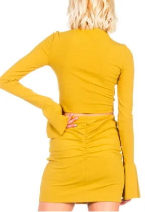 Mock Neck Bell Sleeve Ribbed Crop Top