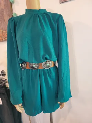 Mock Neck Bell Sleeve Romper - Emerald Green