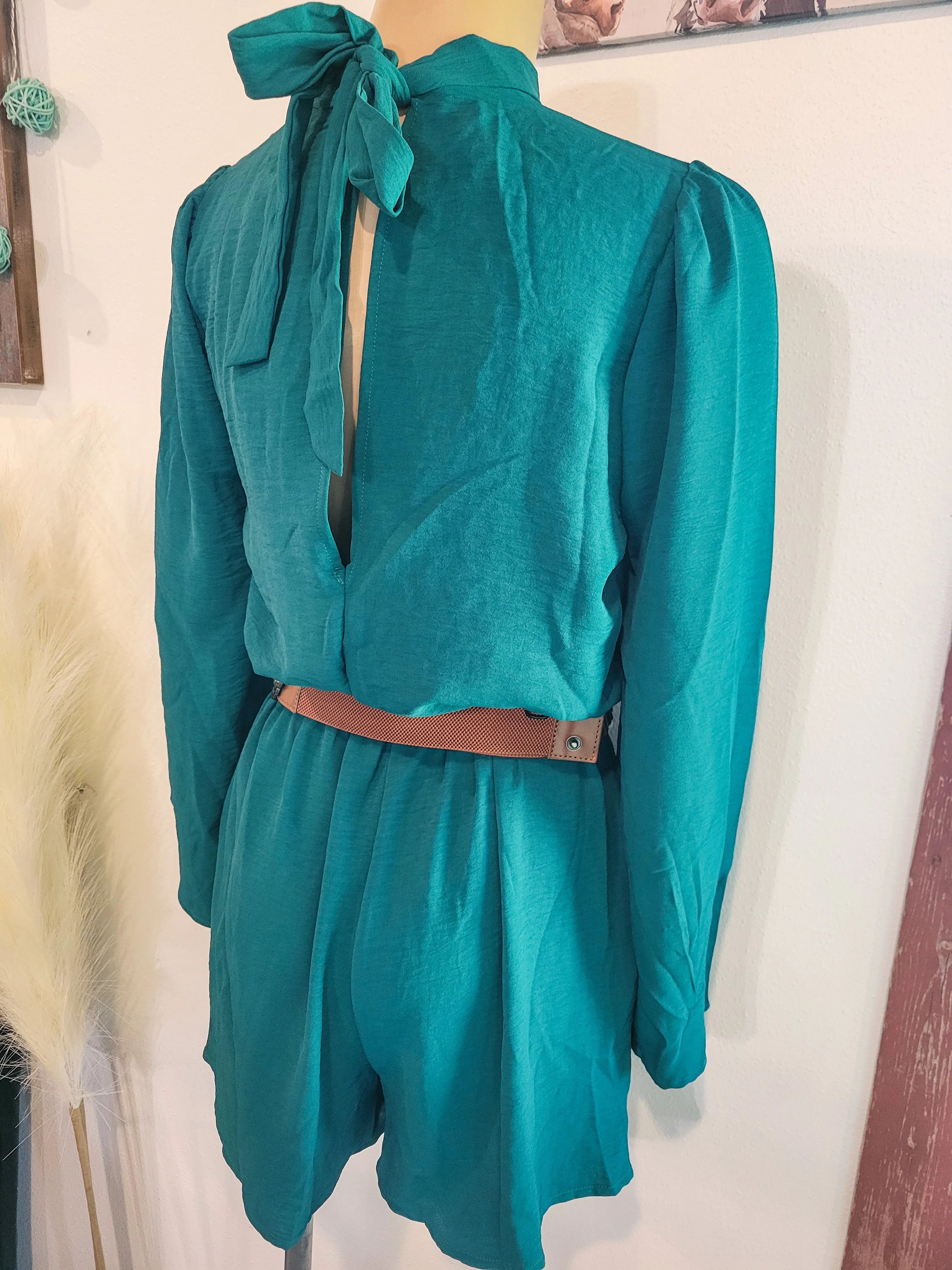 Mock Neck Bell Sleeve Romper - Emerald Green