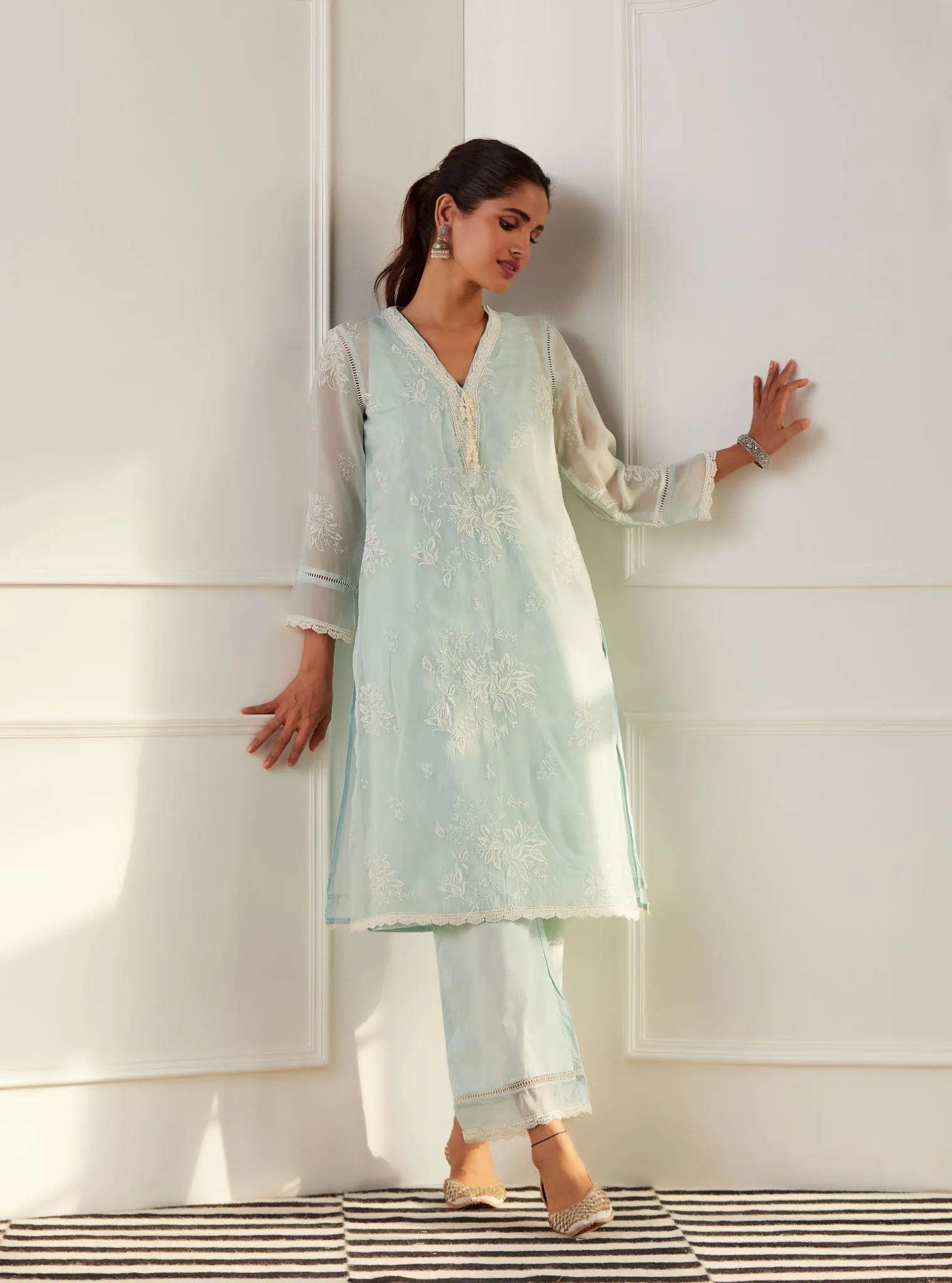 Mulmul Organza Sarah Light Blue Kurta With Cotton Sarah Light Blue Pant