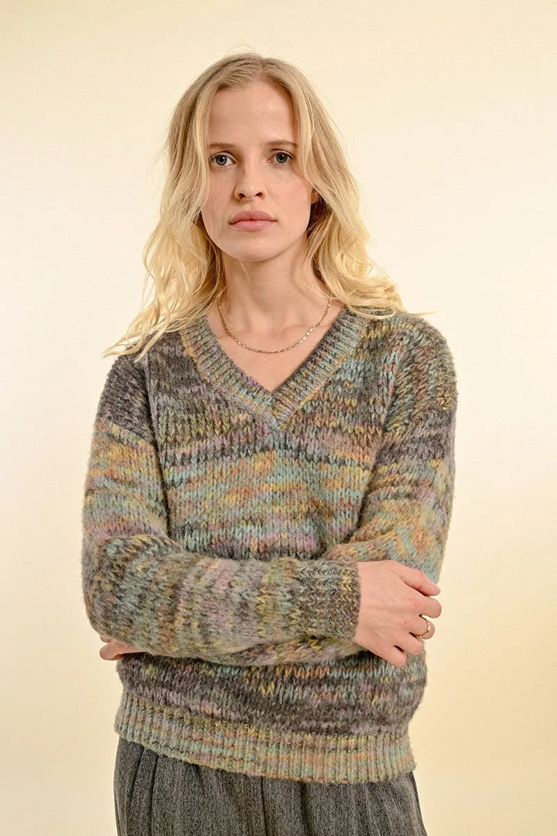 MULTICOLOR HEATHER V-NECK SWEATER