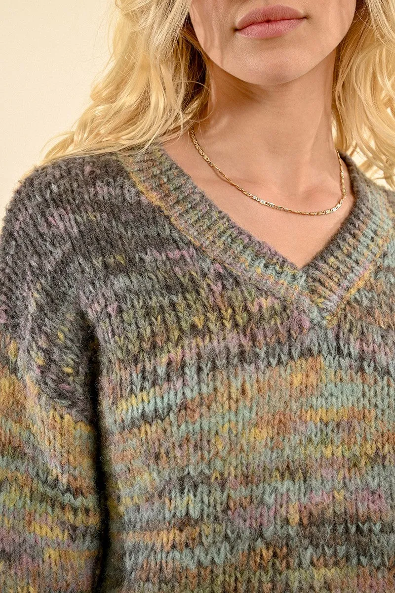 MULTICOLOR HEATHER V-NECK SWEATER