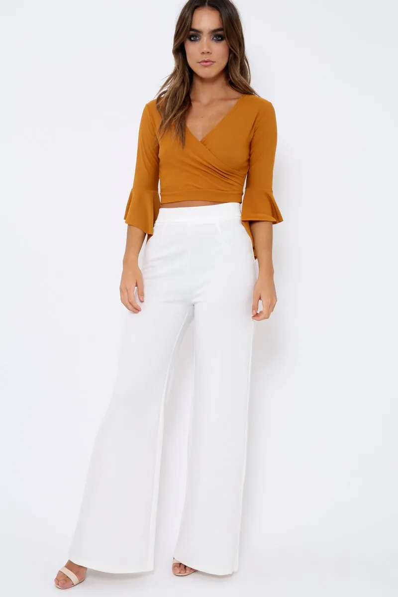 Mustard Plunge Bell Sleeve Crop Top - Merla