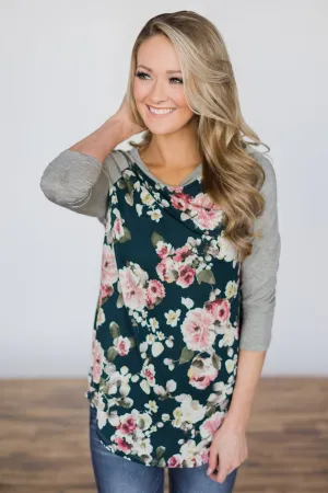 My Favorite Floral Baseball Top- Deep Teal