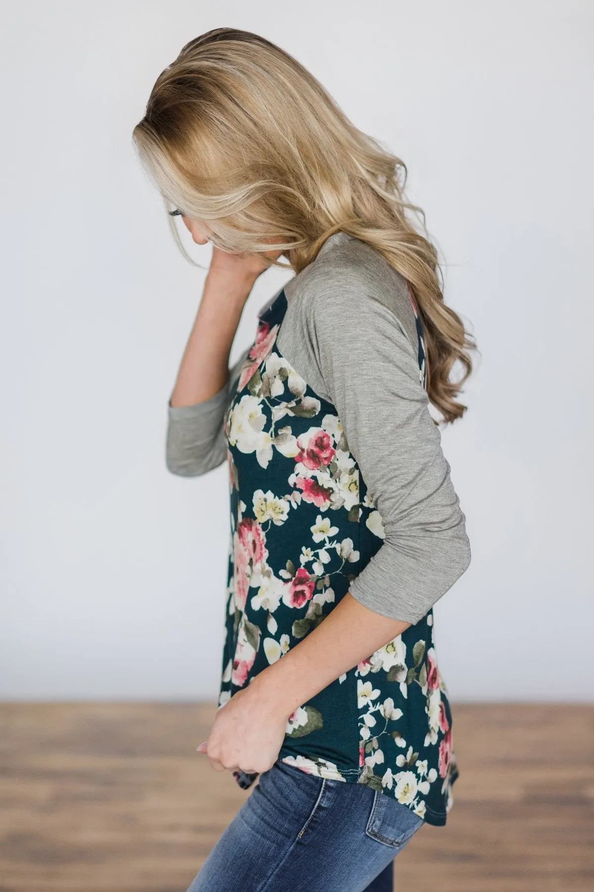 My Favorite Floral Baseball Top- Deep Teal
