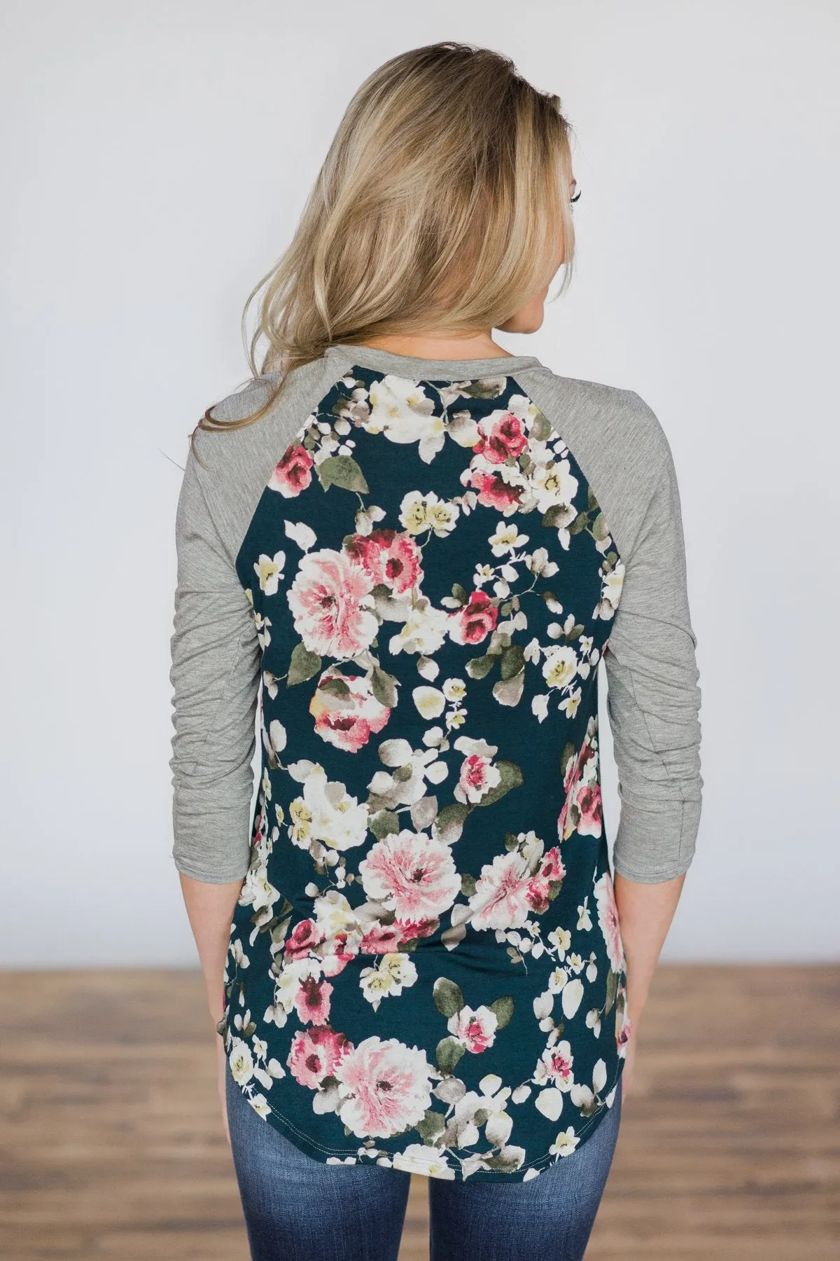 My Favorite Floral Baseball Top- Deep Teal