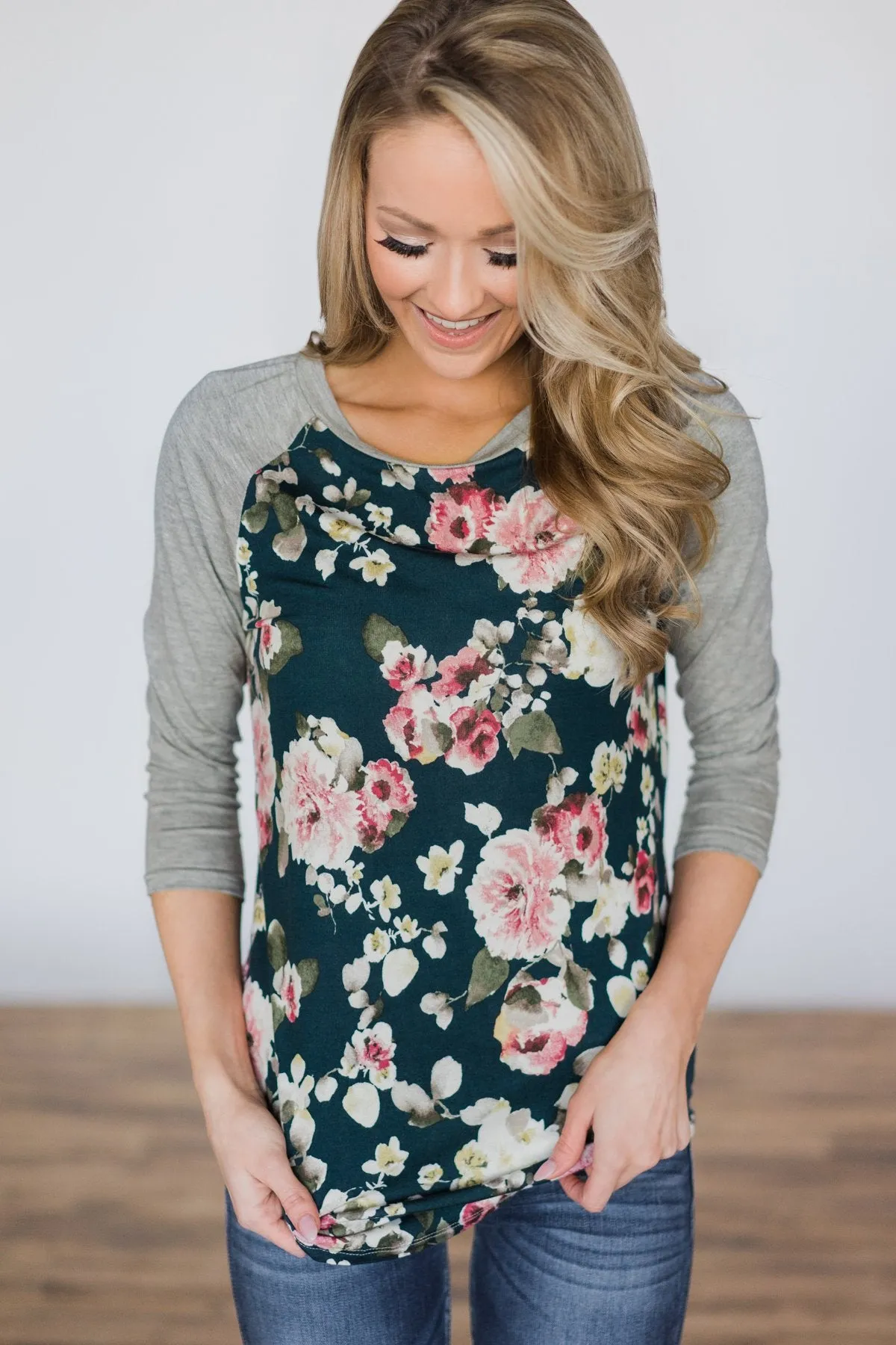 My Favorite Floral Baseball Top- Deep Teal